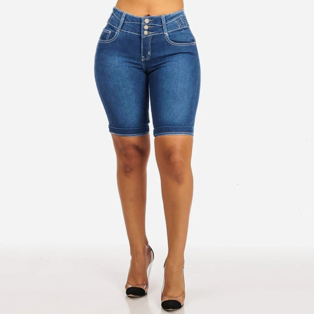 New Sexy High-Waist Denim Skinny Shorts - Stretch Bodycon Knee-Length Jeans