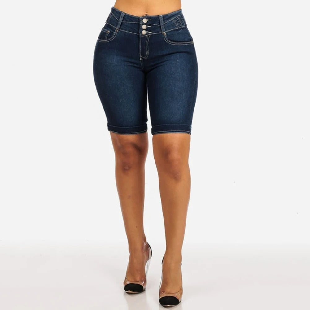 New Sexy High-Waist Denim Skinny Shorts - Stretch Bodycon Knee-Length Jeans