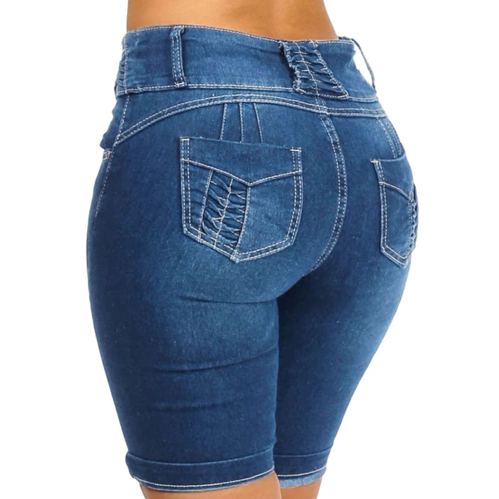 New Sexy High-Waist Denim Skinny Shorts - Stretch Bodycon Knee-Length Jeans