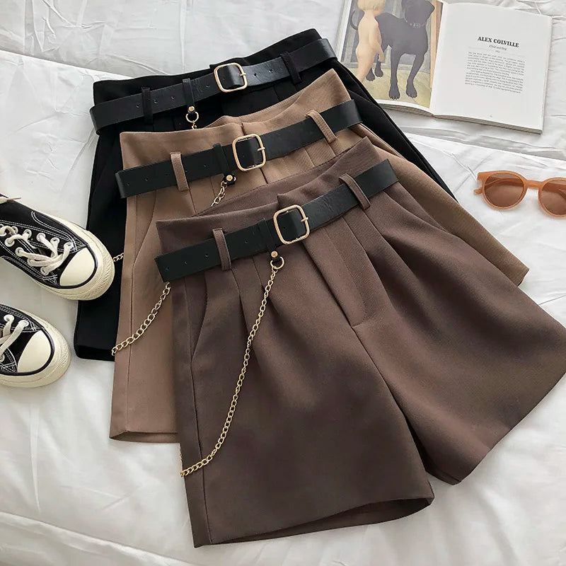 Elegant High-Waist Woolen Shorts – Women's Belted A-Line Wide-Leg Shorts for Autumn & Winter