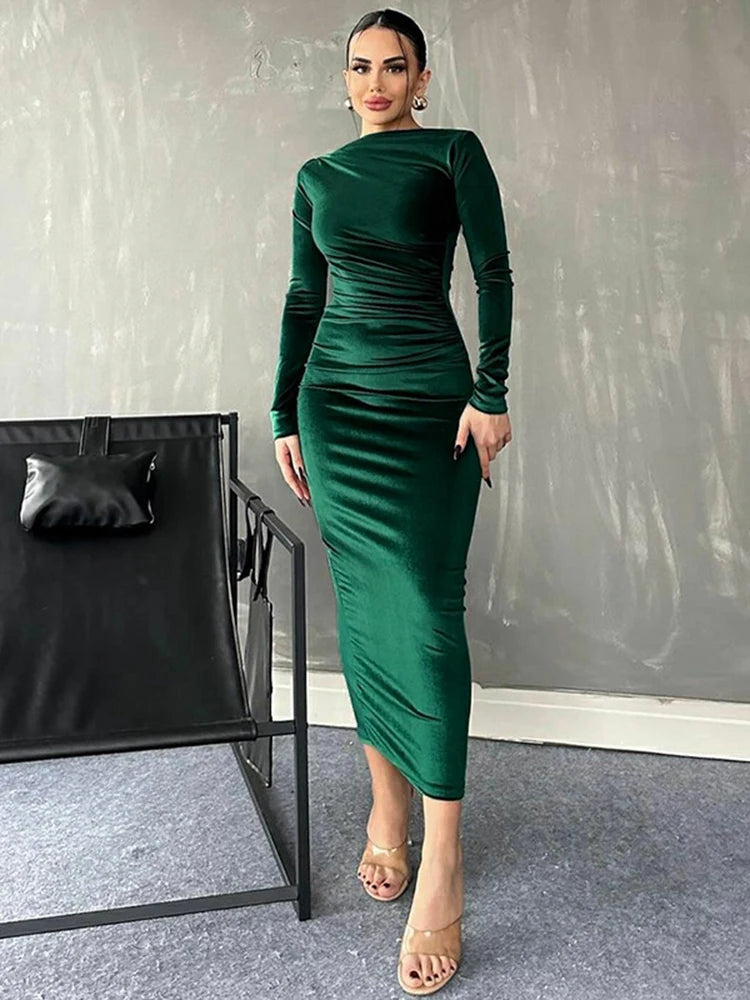 Velvet Green Ruched Midi Dress – Elegant Spring Summer Party Outfit