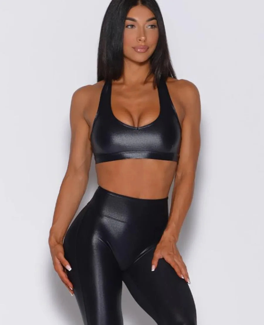 Pmwrun Women's Shiny Fabric Sports Bra and High Waist Legging Set