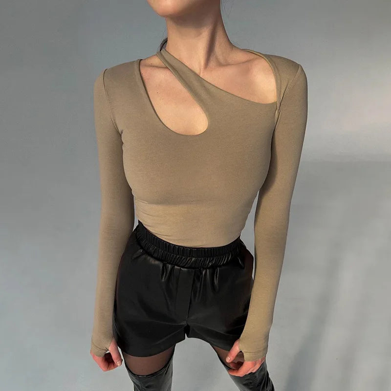 Y2K Sexy Hollow-Out Bodysuit – Women's Long-Sleeve Irregular Bodycon Romper