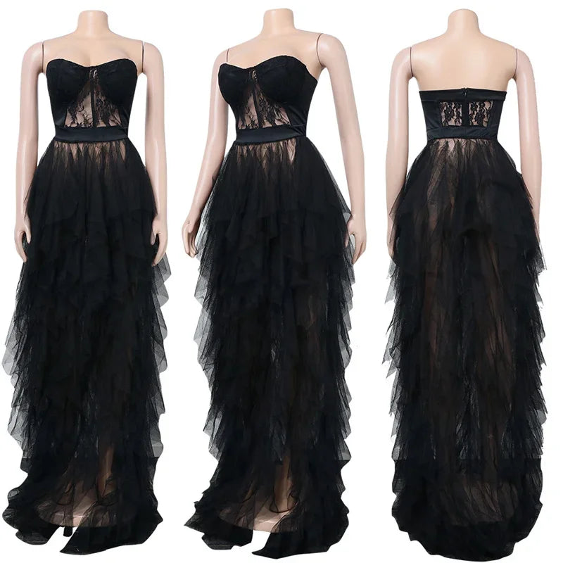 Sexy Tulle Ruffle Evening Gown – Off Shoulder Strapless Lace Maxi Ball Dress for Women