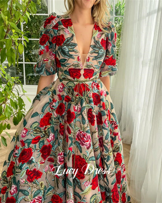 قال ChatGPT:  Lucy Elegant Floral Lace Evening Gown