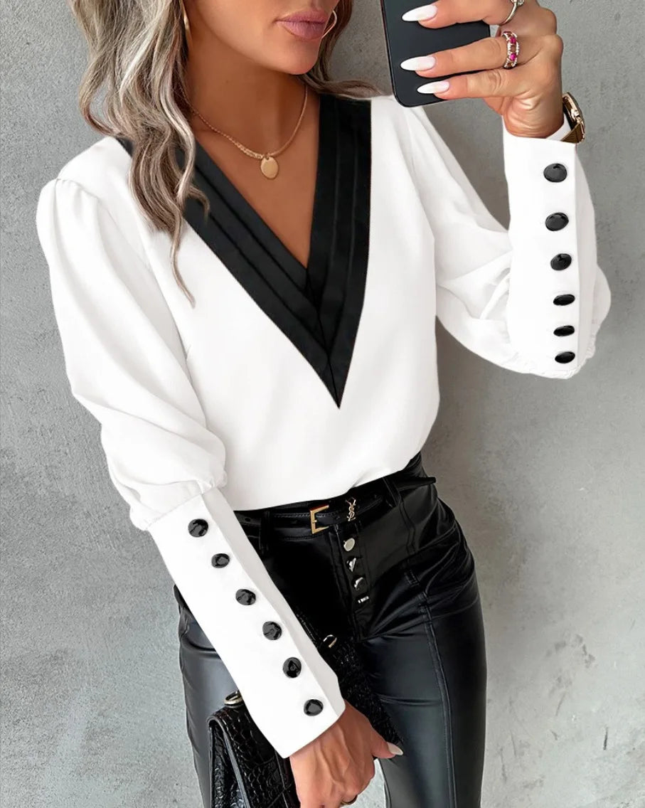 V-Neck Button Blouse – Color Block, Long Sleeve