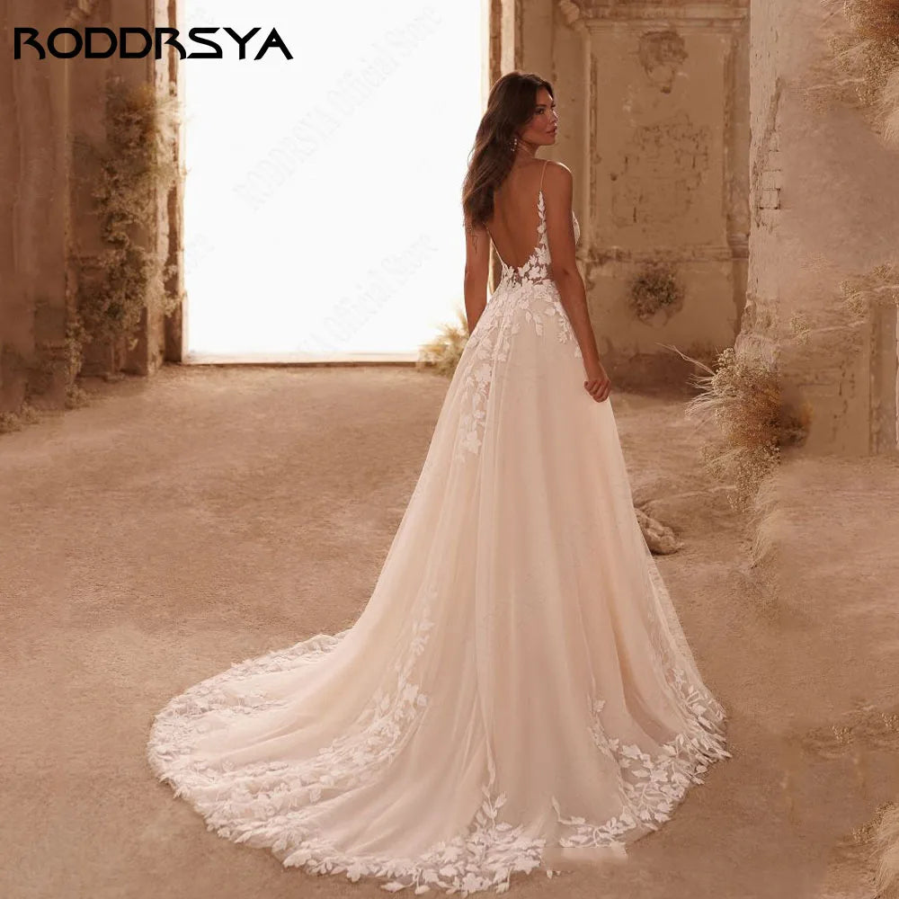 RODDRSYA Glitter Wedding Dress – Spaghetti Straps V-Neck Backless Boho Bridal Gown with Train