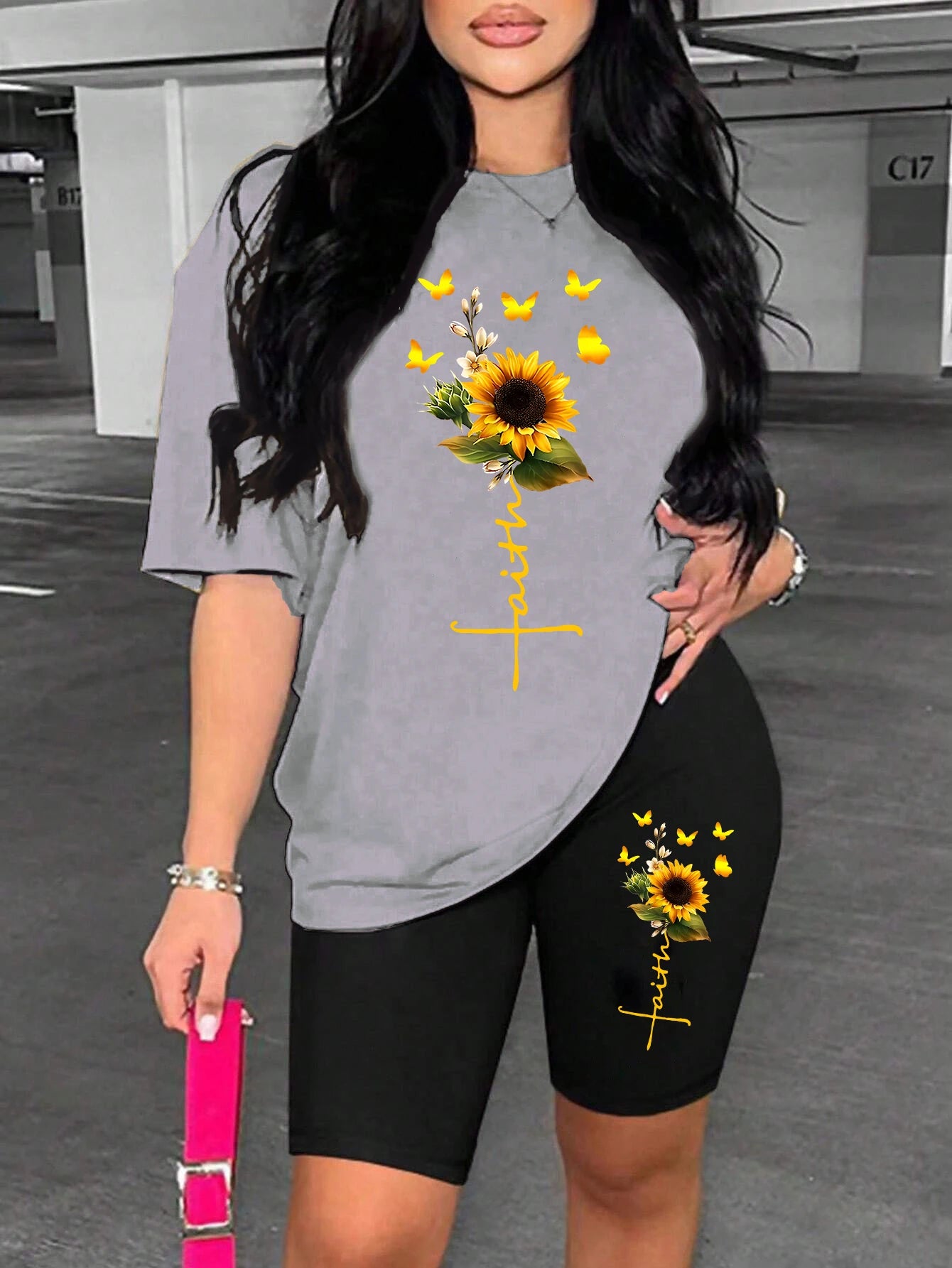 Sunflower Butterfly Two-Piece Set – Printed Tee & Shorts