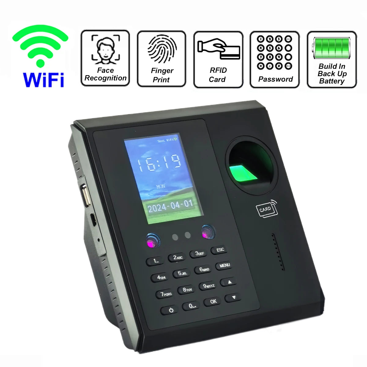WiFi Facial & Fingerprint Time Attendance System | 2000mAh Battery | Employee Time Clock Management