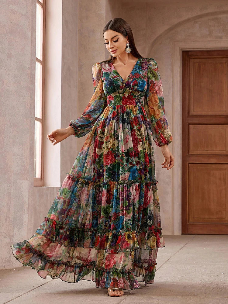TOLEEN Boho Floral Frill Maxi Dress