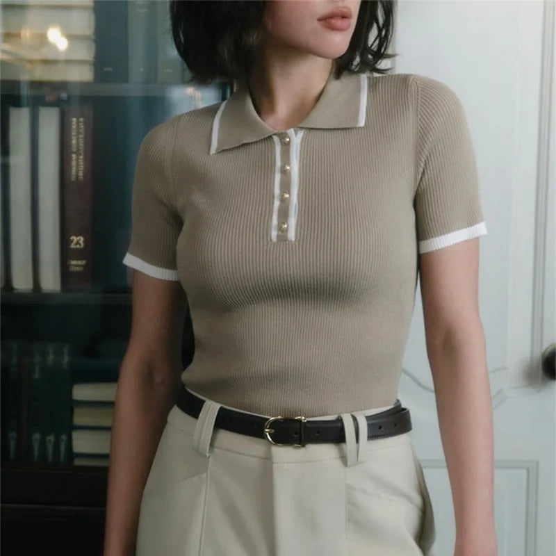 Talenza Women's Short Sleeve Patchwork Knitted Pullover Top