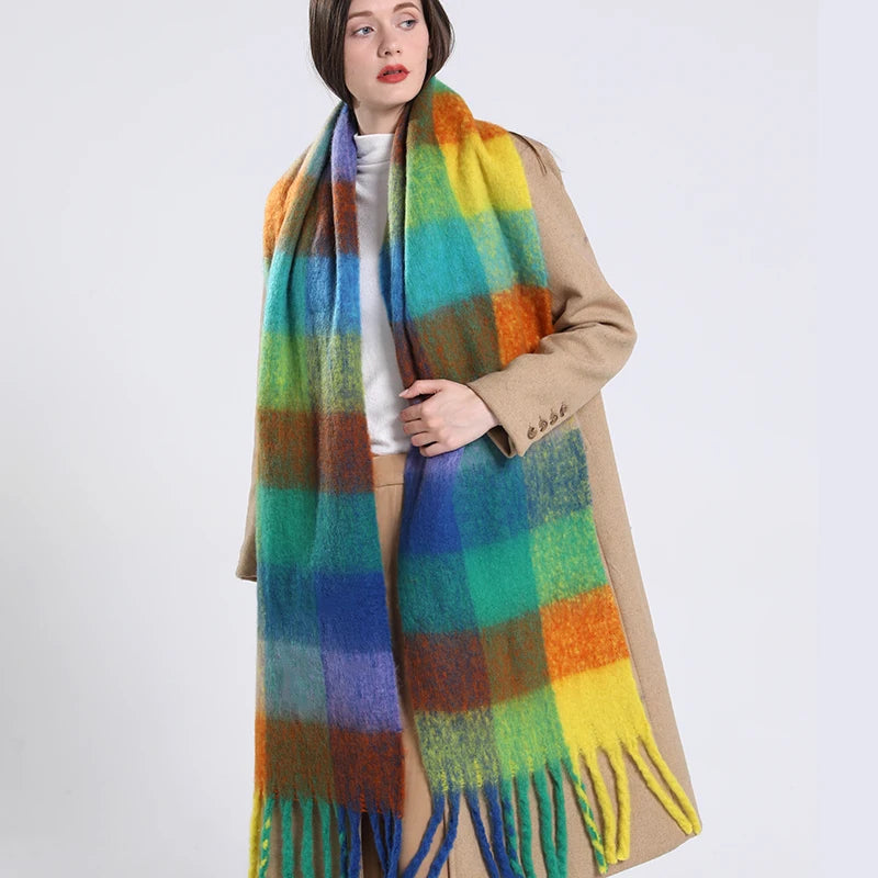 Warm Winter Cashmere Scarf – 2024 Pashmina Shawl with Rainbow Hairy Tassels