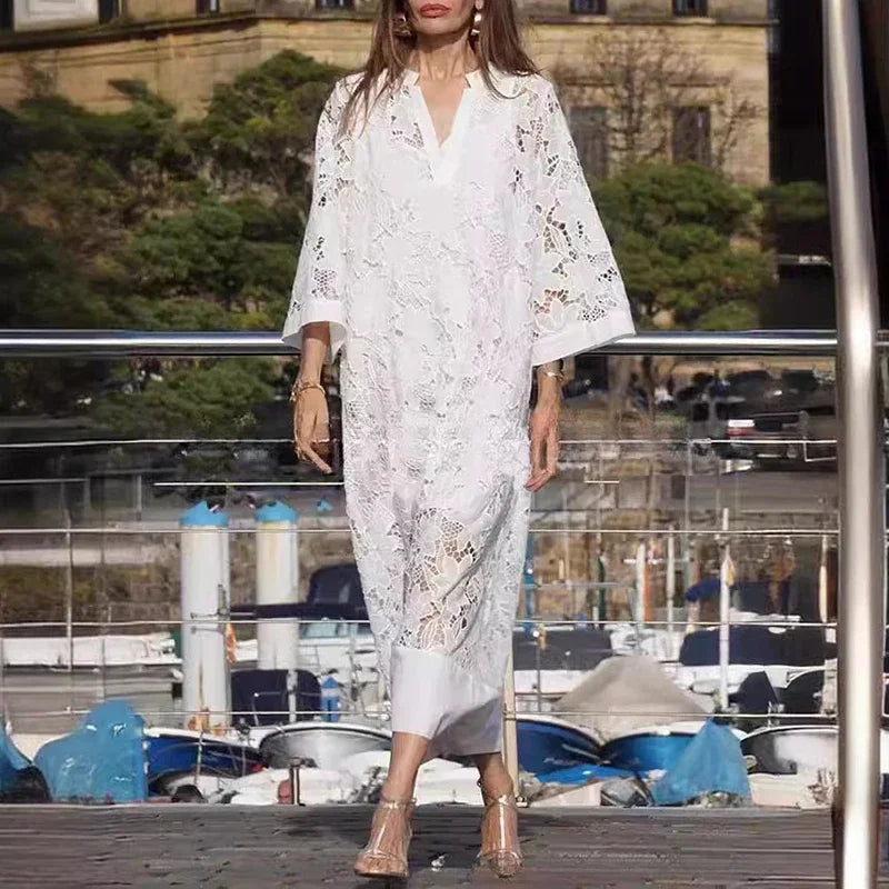 Elegant White Lace Hollow Evening Dress – V-Neck Contrast Patchwork Mesh Party Dress for Women