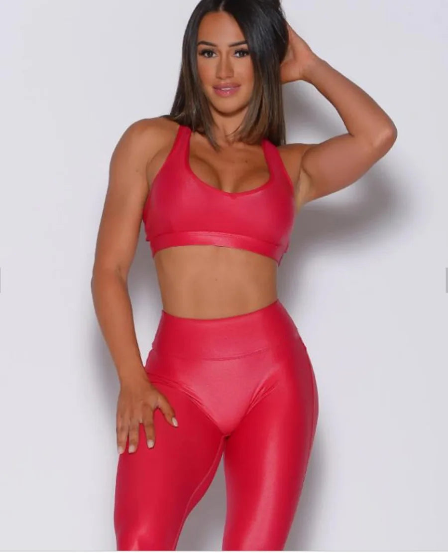 Pmwrun Women's Shiny Fabric Sports Bra and High Waist Legging Set