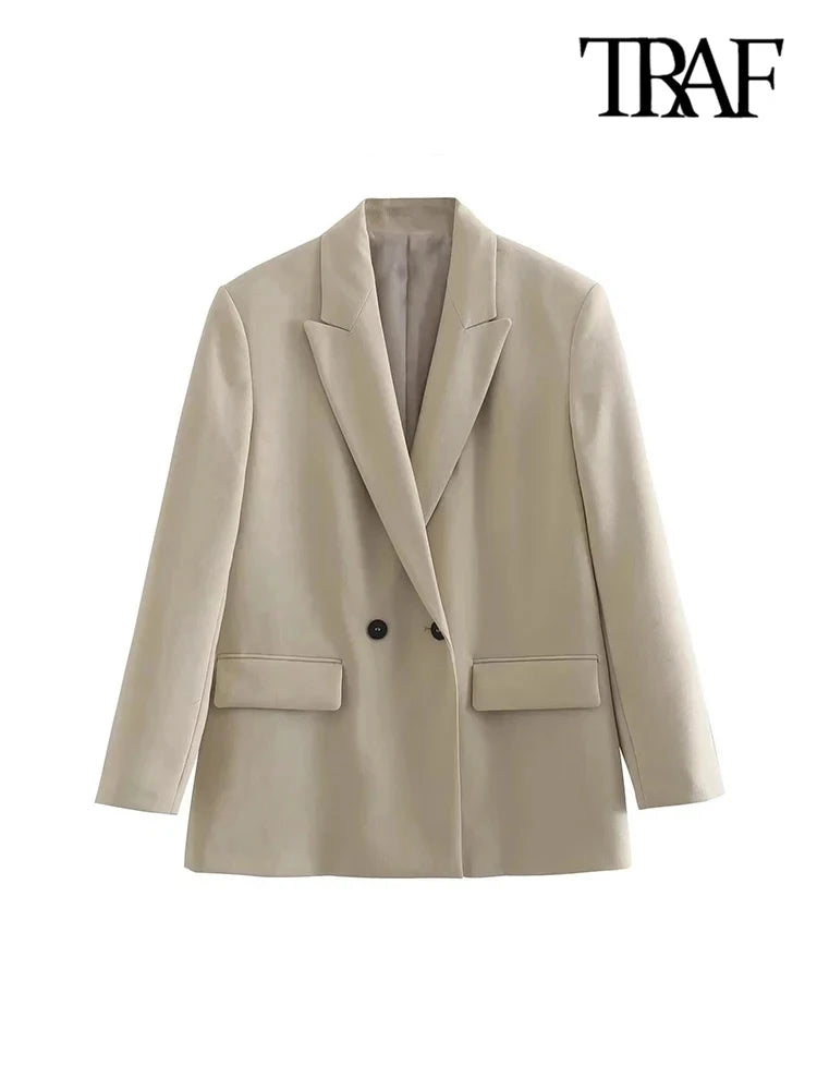 Chic Double-Breasted Blazer Coat – Women's Loose-Fit Long Sleeve Vintage Outerwear with Pockets