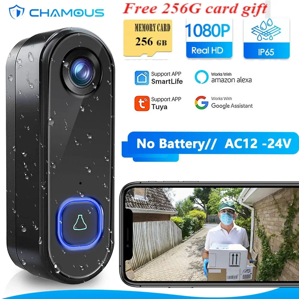 TUYA Smart Wireless Video Doorbell – 1080P Camera, AC Powered, IP65 Waterproof, Alexa & Google Home Compatible