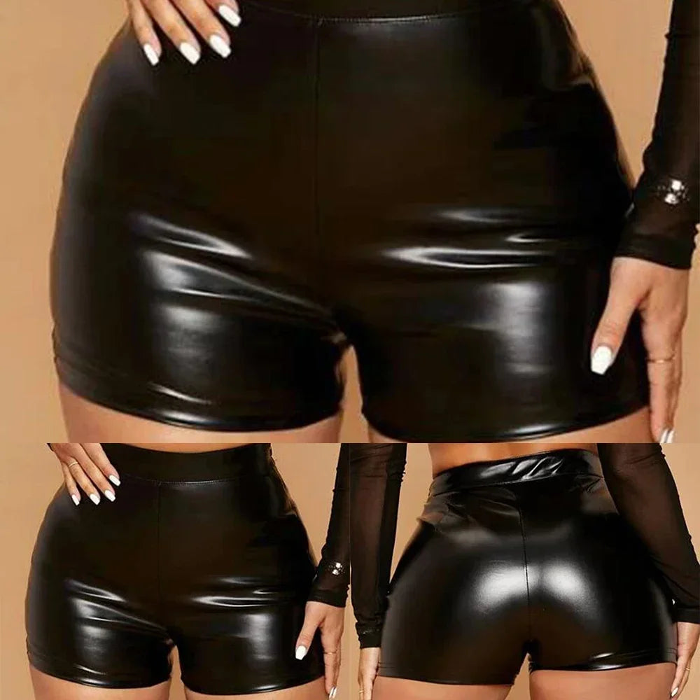 Sexy High-Waist Faux Leather Shorts – Women's Shiny Tight Mini Pants for Nightclub & Party Wear