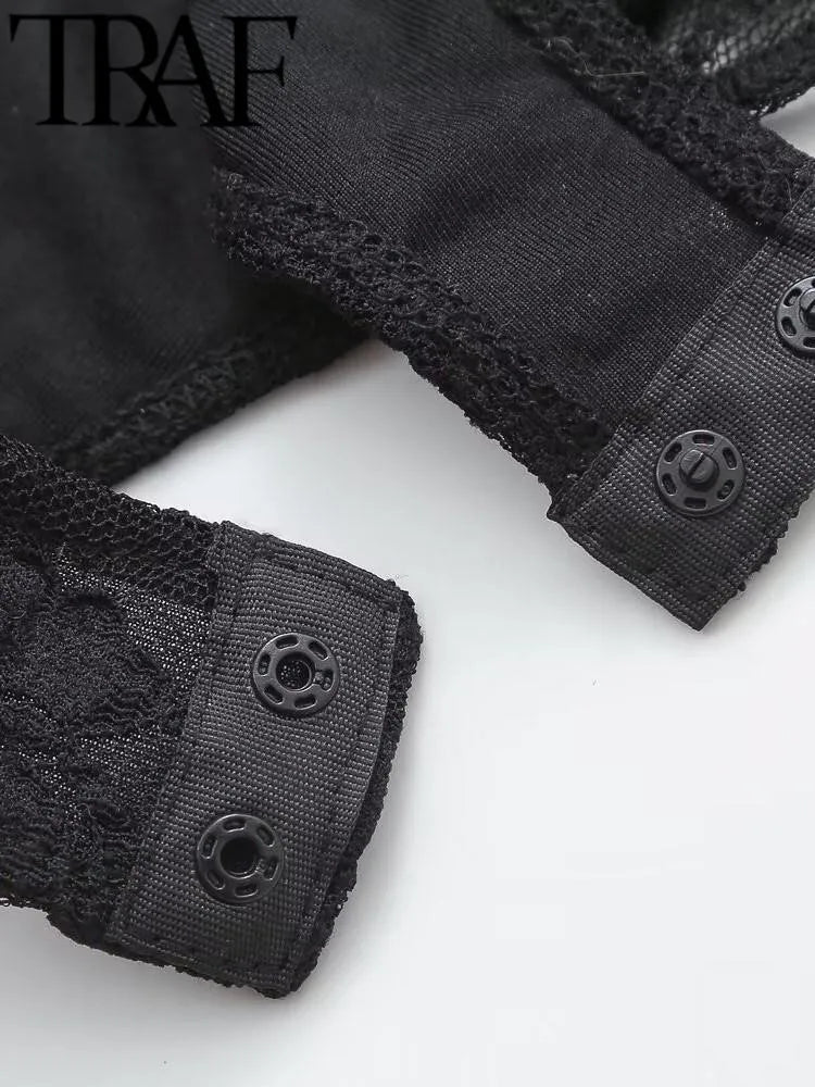 Sexy Sheer Lace Bodysuit – Women's Slim Fit Mock Neck Long-Sleeve Playsuit for Spring 2024