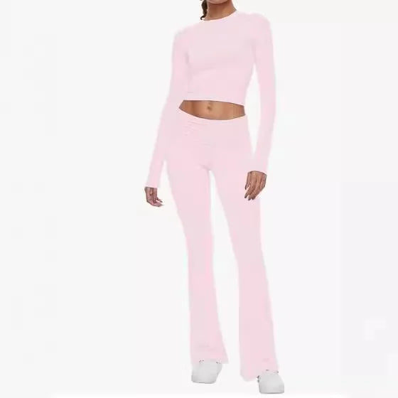 2024 Women’s 2-Piece Set - Round Neck Short Top & Low Waist Flare Pants