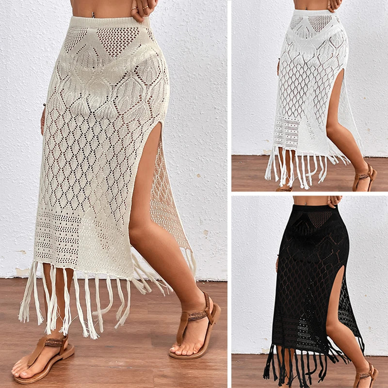 Women’s Knitted Tassel Sarong Skirt - High Slit Bikini Cover-Up