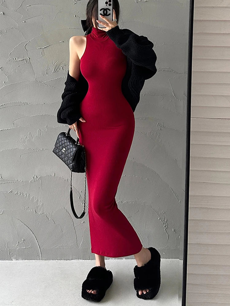 Red Turtleneck Bodycon Dress – Sexy Elastic Midi Party Dress for Women