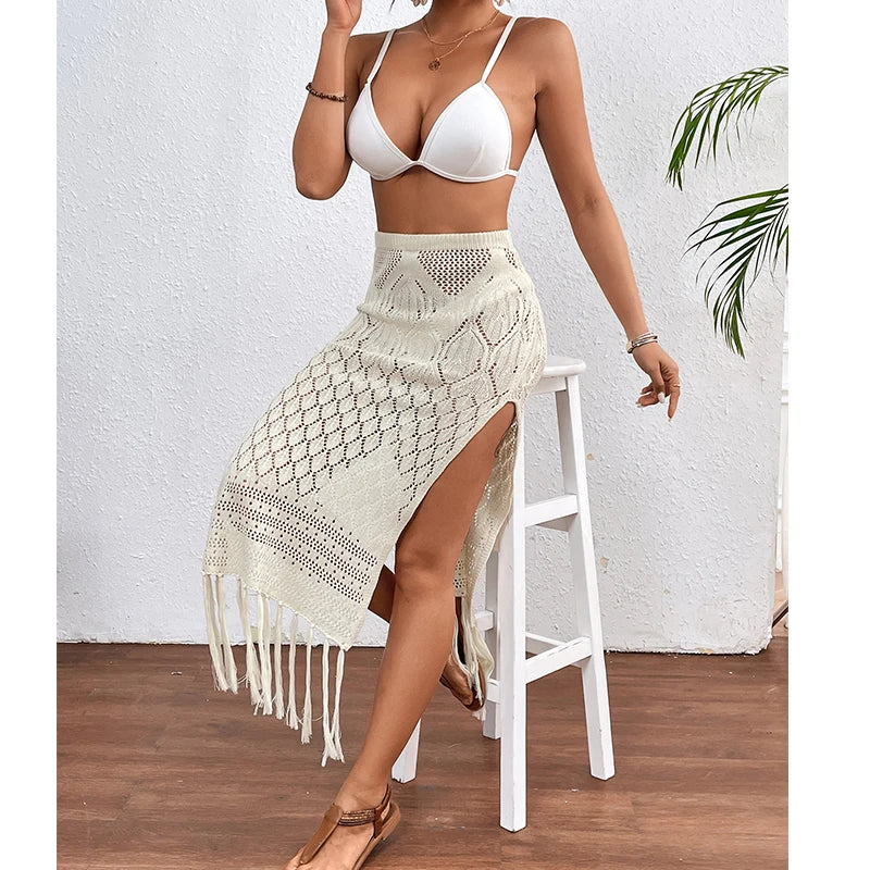 Women’s Knitted Tassel Sarong Skirt - High Slit Bikini Cover-Up