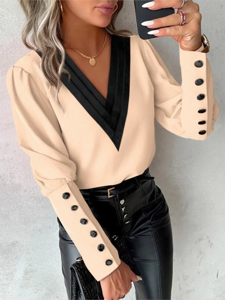 Elegant V-Neck Blouse – Long Sleeve & Casual Fit
