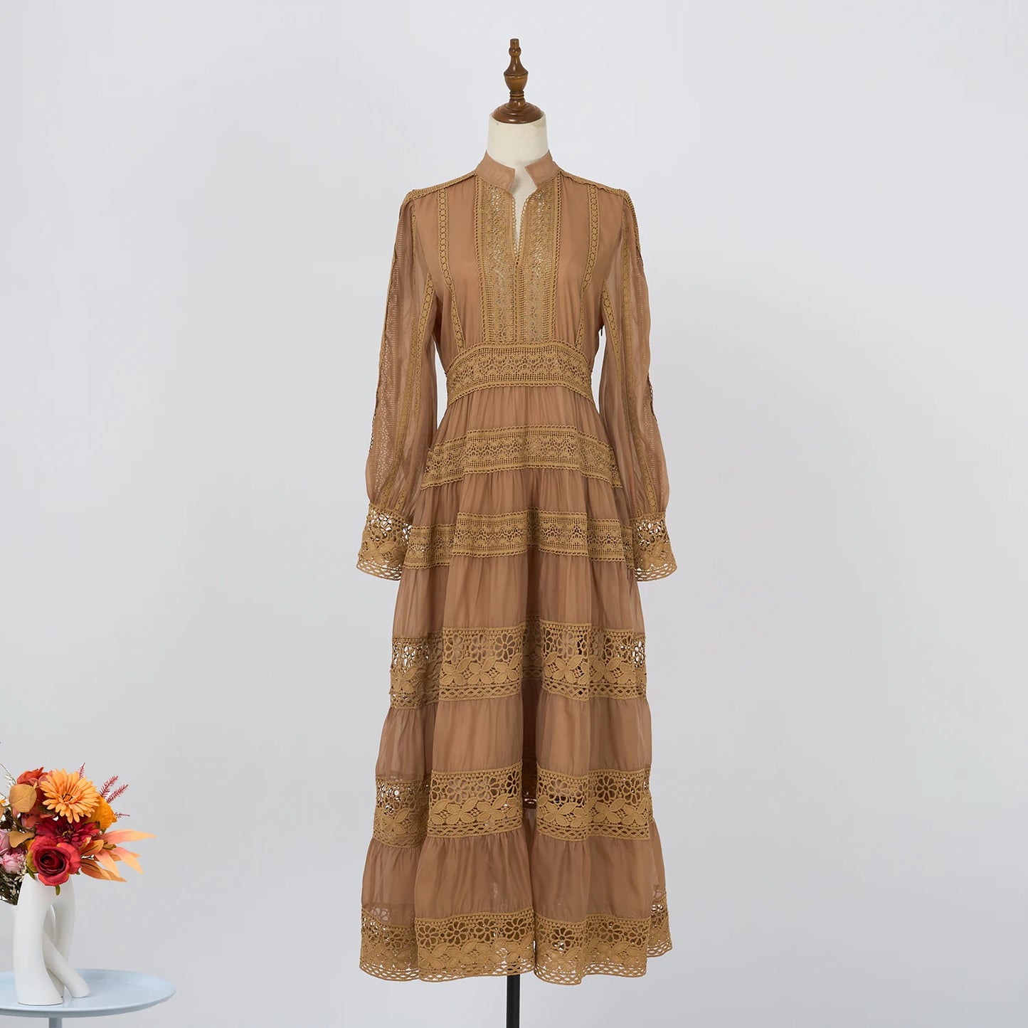 Lace Embroidered Cotton Maxi Dress – Long Sleeve Modest Wedding & Evening Gown for Women