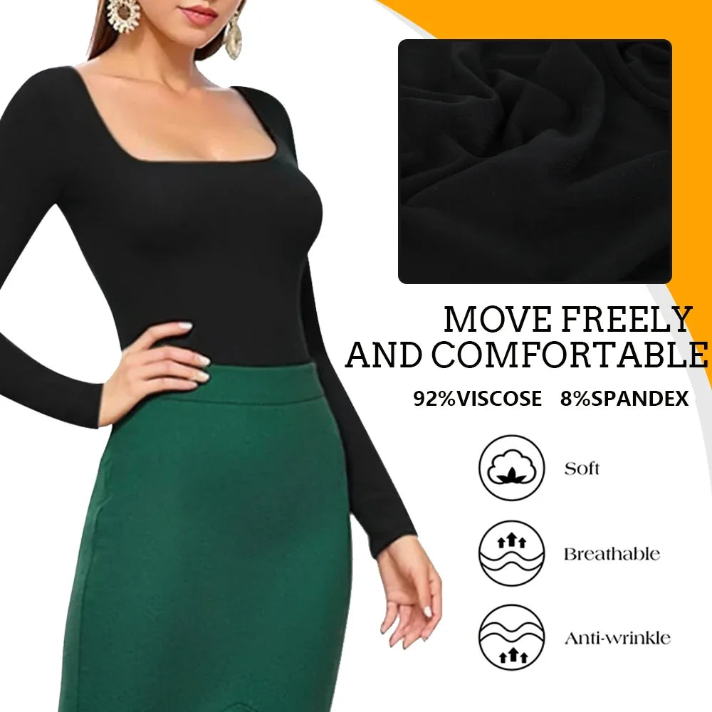 Square Neck Bodysuit – Long Sleeve, Tummy Control Shapewear