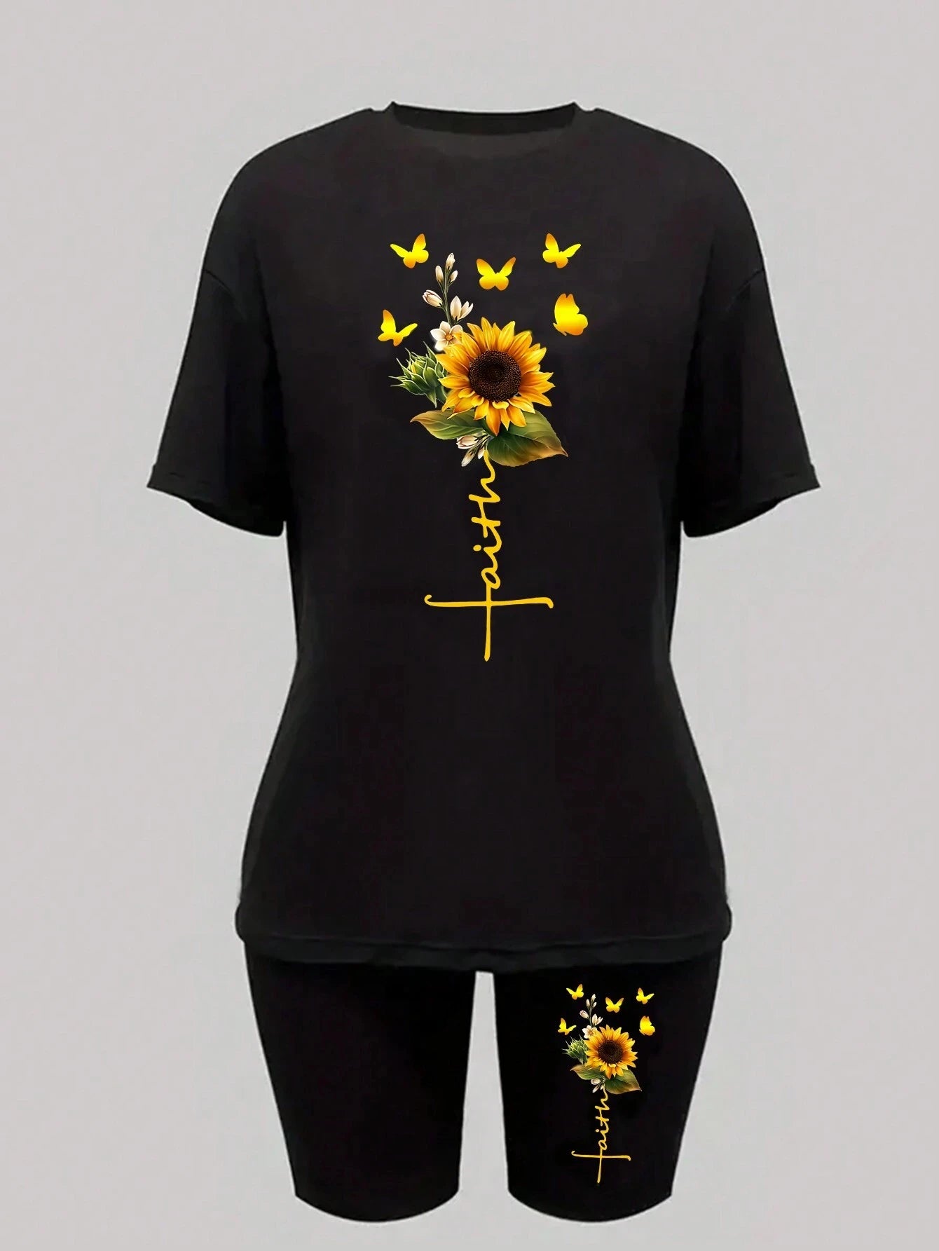 Sunflower Butterfly Two-Piece Set – Printed Tee & Shorts