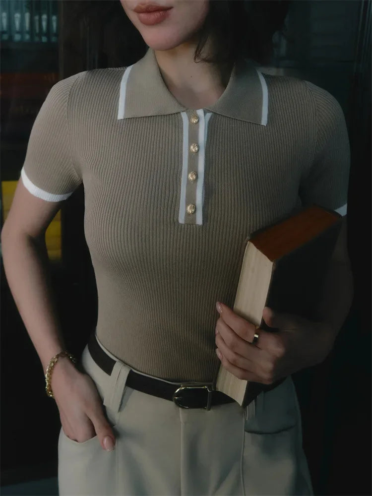 Talenza Women's Short Sleeve Patchwork Knitted Pullover Top