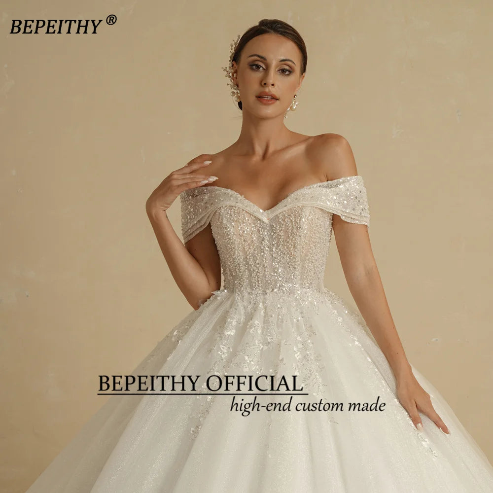BEPEITHY Custom Beaded Princess Wedding Dress – Off Shoulder Glitter Ball Gown 2024