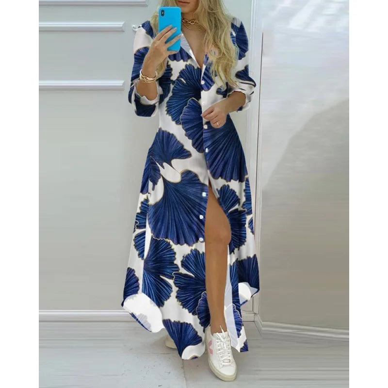 Boho Printed Long Shirt Dress – Turn-Down Collar Long Sleeve Maxi Dress for Women