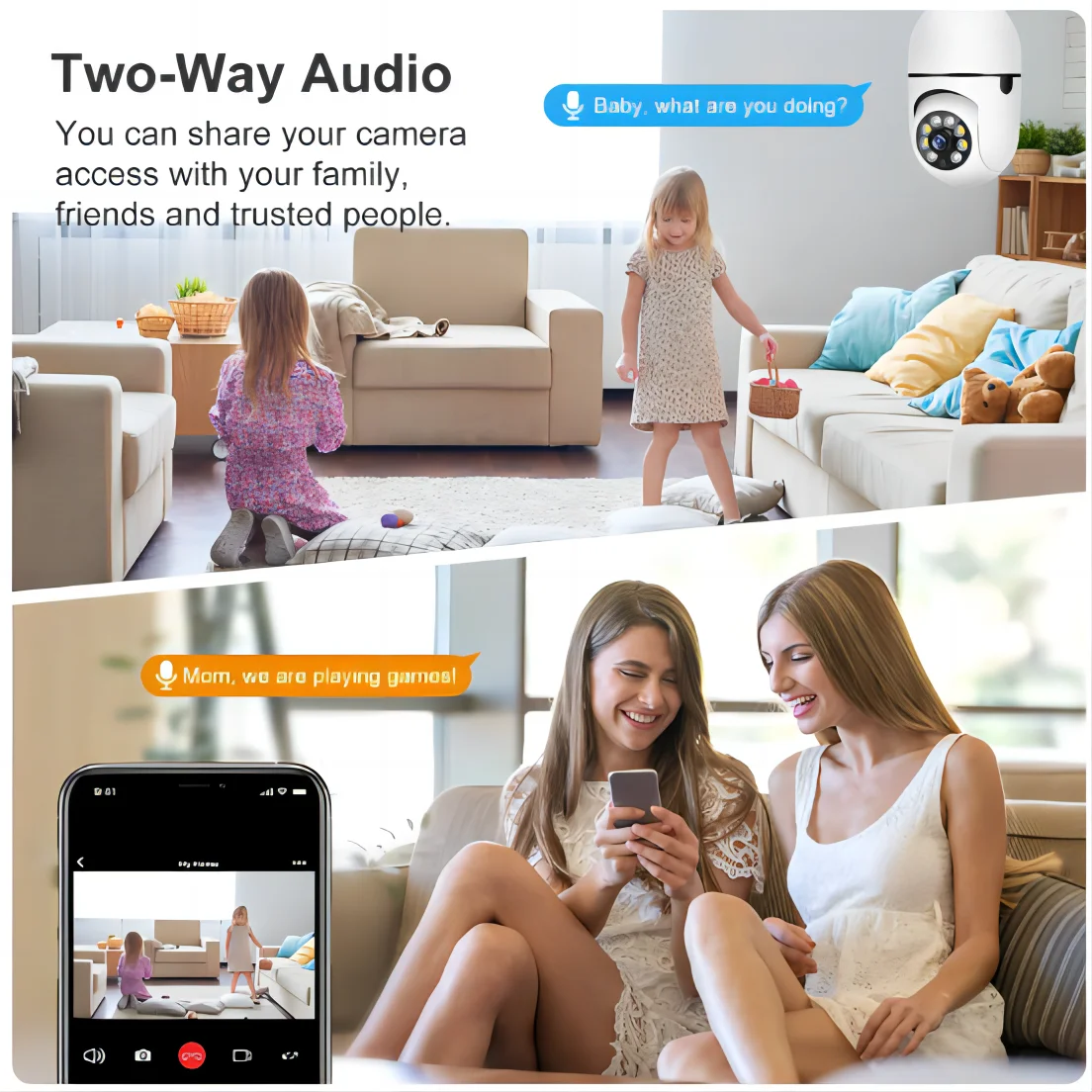 WiFi E27 Bulb Surveillance Camera, 2MP Night Vision Wireless Home Security Camera, Mini CCTV for Baby Monitoring