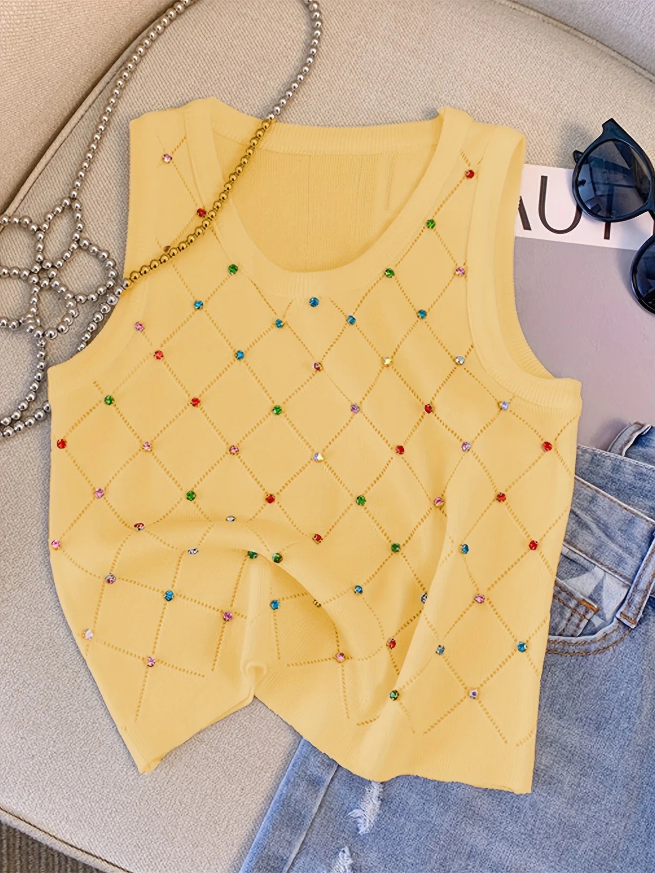 Colorful Rhinestone Knitted Sleeveless Tank Top - Summer Crop Camisole