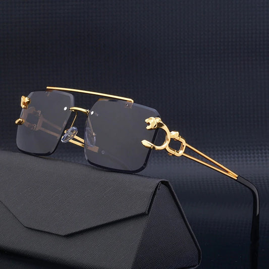 Trendy Leopard Rimless Sunglasses with Double Bridge, Gradient Lenses & UV400 Protection