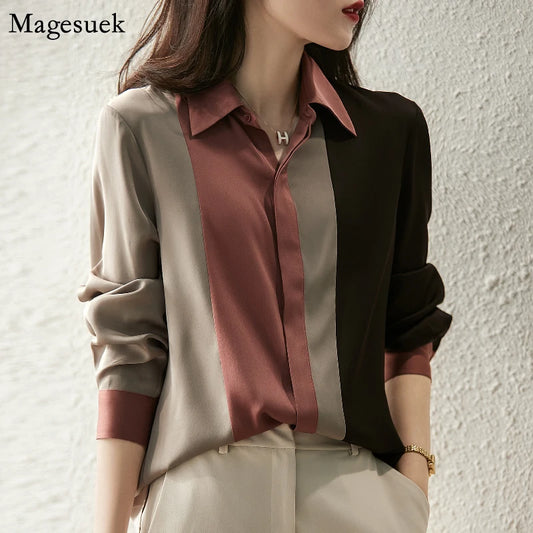 2024 Women’s Satin Button Blouse - Vintage Polo Collar Long Sleeve Top