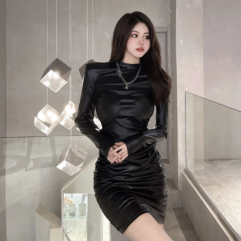 Fashion PU Leather Bodycon Dress – Slim Fit Long Sleeve Sexy Versatile Dress for Women