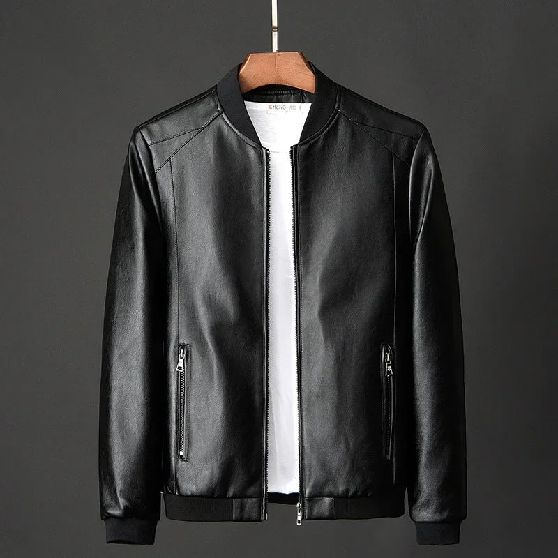 2024 Men’s Black PU Leather Biker Jacket — Slim Casual Korean Style