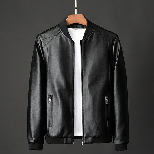 2024 Men’s Black PU Leather Biker Jacket — Slim Casual Korean Style