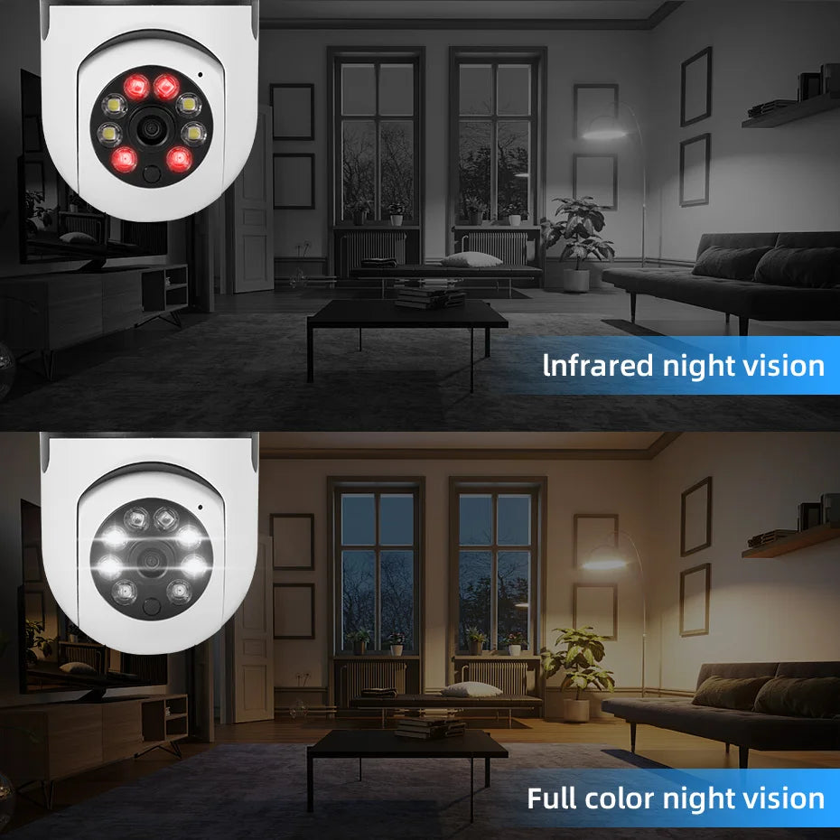 WiFi E27 Bulb PTZ Camera, 4X Digital Zoom, AI Human Motion Detection, Full Color Night Vision, Wireless Home Surveillance Camera