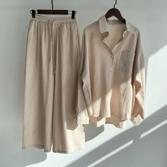 2023 Spring Summer Vintage Cotton Linen Loose Fit Trousers & Shirt Suit