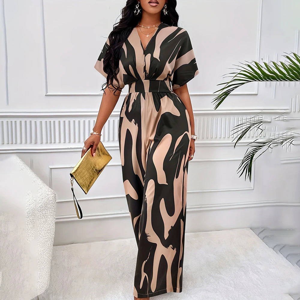 Summer Wide-Leg Jumpsuit – High Waist, Short Sleeve