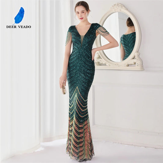 DEERVEADO V-Neck Mermaid Evening Dress – Beaded Long Formal Party Gown for Women