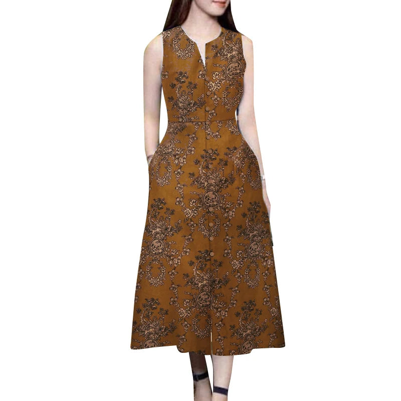 ZANZEA Bohemain Printed Dresses Vintage Sundress Women Summer V Neck Sleeveless Dress Robe Femme Elegant Party Work Vestidos