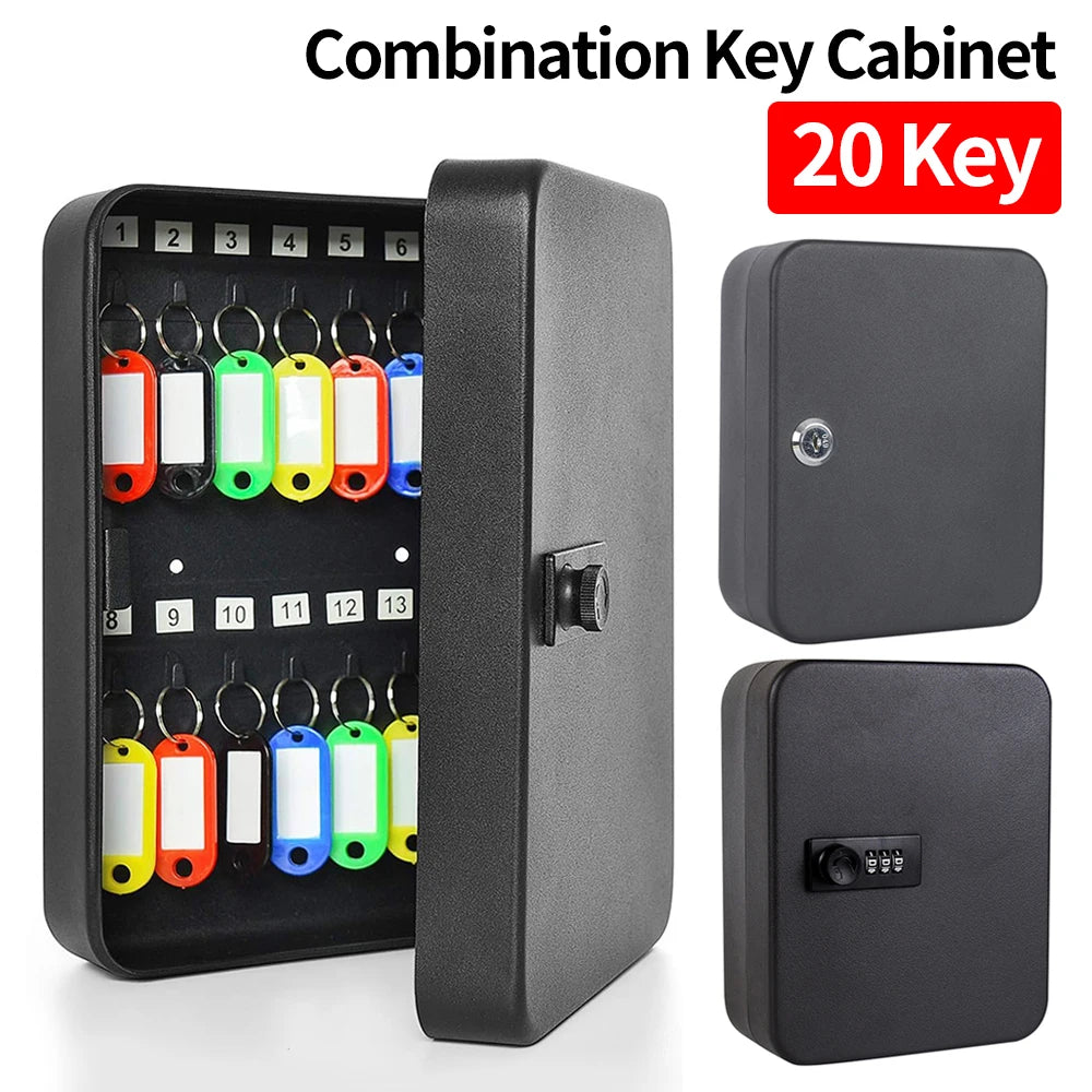 Combination Key Cabinet – 20-Key Hooks Wall Mounted with Key/Code Lock for Secure Key Storage