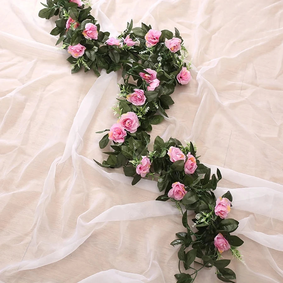 Artificial Rose Garland Vine – Silk Hanging Flowers with Leaves for Wedding, Wall & Home Decoration