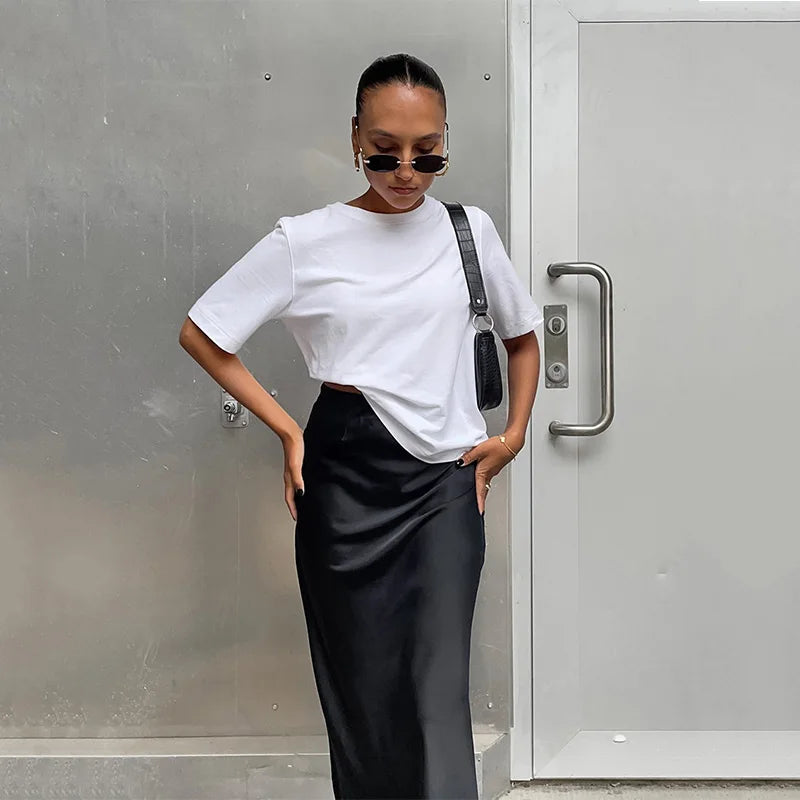 Elegant High-Waist Satin Trumpet Skirt – Women's Slim Fit Long Skirt for Office & Fashion Wear