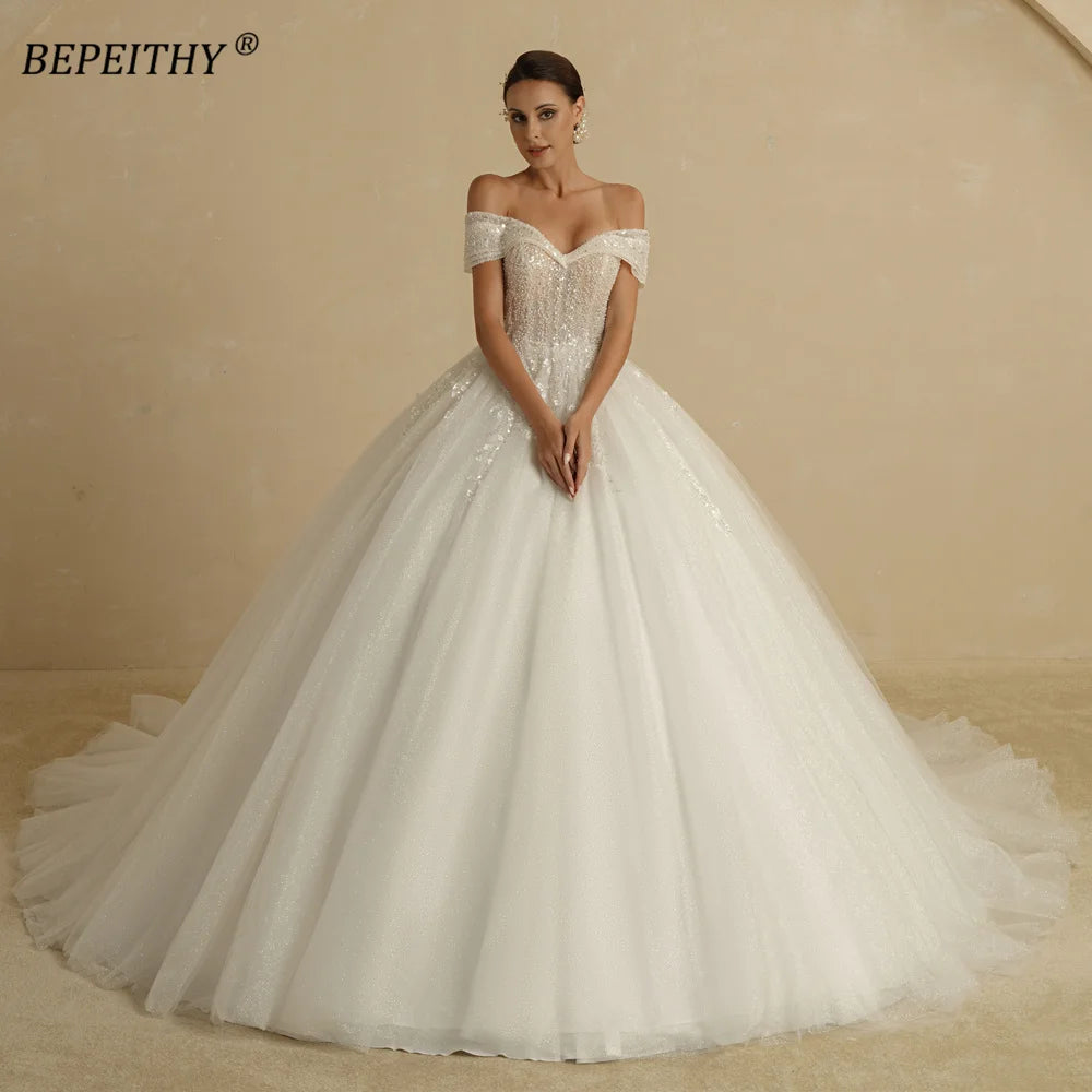 BEPEITHY Custom Beaded Princess Wedding Dress – Off Shoulder Glitter Ball Gown 2024