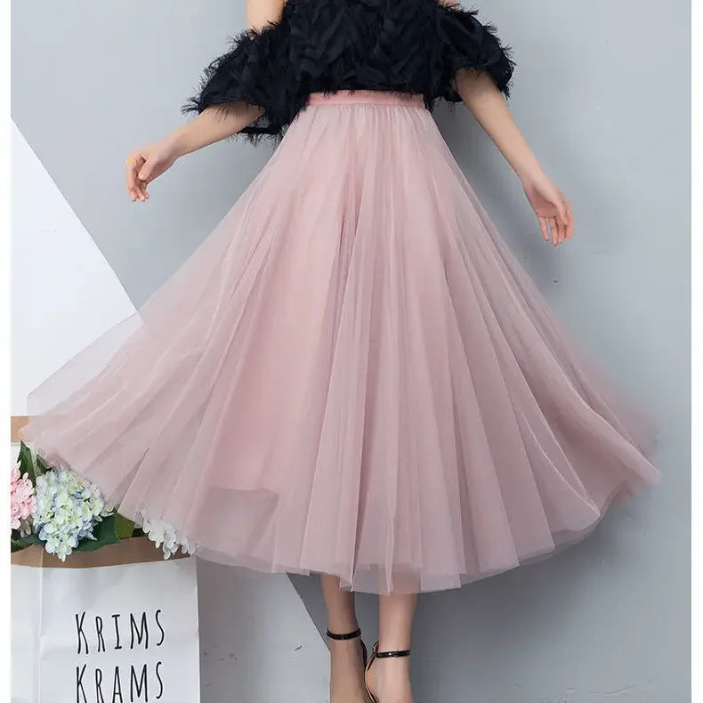 Grandiose 720-Degree A-Line Mesh Skirt – Elegant High-Waist Midi Dance Dress